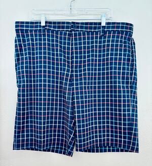 IZOD Mens Chino Golf Shorts Rubber Grip Size 38 Navy Plaid Preppy Classic
